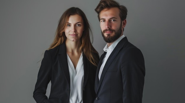 Business partners posing in front of gray background looking at camera and smiling