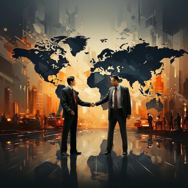 Бизнес-партнеры пожимают руки на карте мира