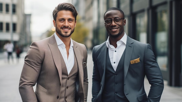 Business partners in suits pose smile and success Successful businessmen discuss a deal