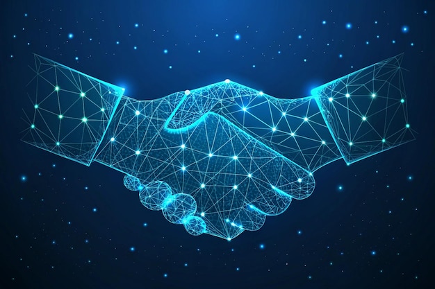 business partnership handshake with digital technology network design