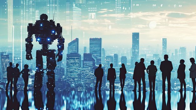 business people and ai robot on city background