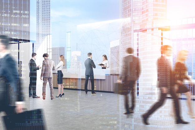 Business people are walking and standing in a wooden office with tall windows and a geometric wall pattern. Concept of a corporate life. 3d rendering mock up toned image double exposure