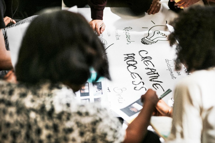 Photo business people brainstorming management process on paper