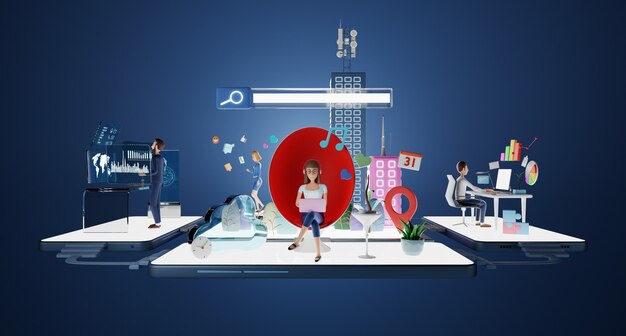 Business people characters working in virtual office with smart data platform. Analyzing charts, graphs, strategy, managing,online communication, social and serach concept. 3d rendering.