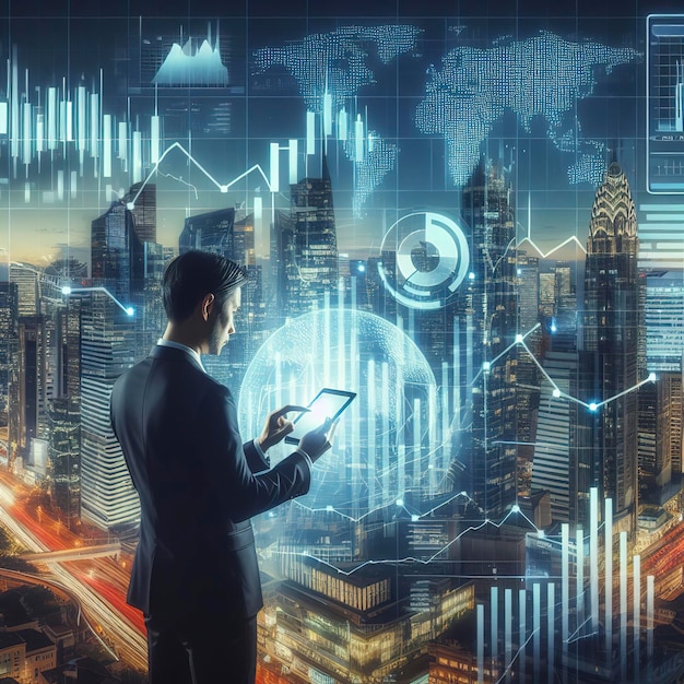 Business people checking stock market on tablet and analysing financial data on a screen with graph