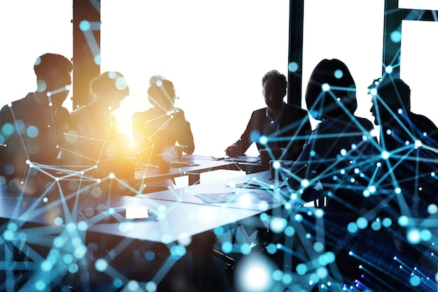 business people collaborate together in office internet connection effects double exposure effects