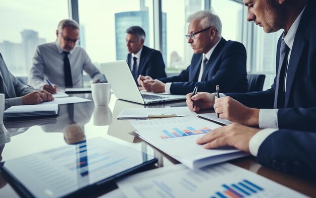 Photo business people discussing financial reports during the meeting