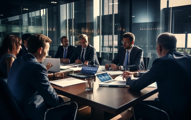 Photo business people discussing financial reports during the meeting