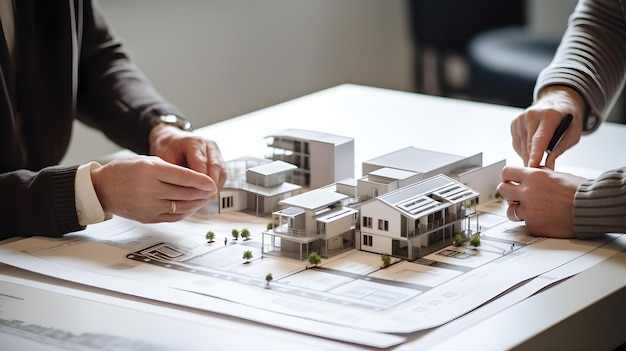 Business people discussion with architecture floorplan 3d on table