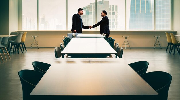 Photo business people giving handshake against window in office