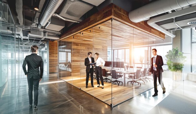 Photo business people in glass meeting room with board ai generative illustration