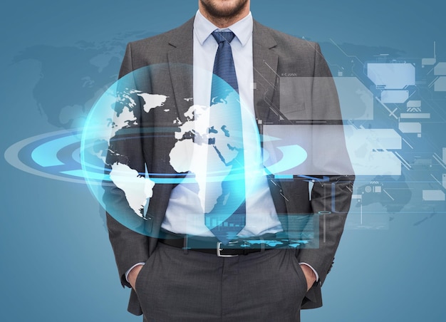 business, people and global connection concept - close up of businessman over blue background with globe hologram and virtual screens