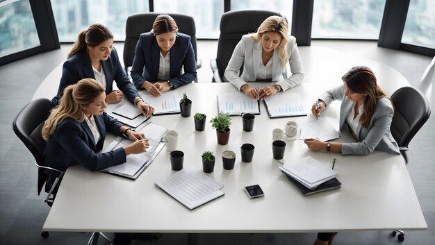 Фото Заседание группы бизнесменов, снятое сверху. широкий вид в офисе.