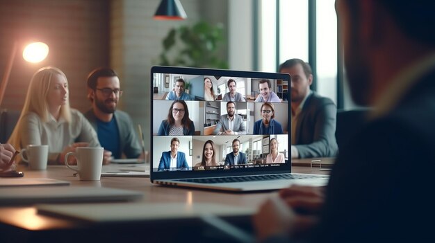 Foto riunione di un gruppo di uomini d'affari in videoconferenza su un monitor portatile