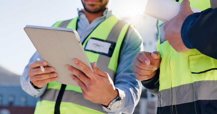 Photo business people hands and tablet with blueprint for construction planning or building maintenance in city closeup employees or civil engineer with technology for architectural layout on rooftop