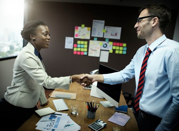 Photo business people handshake greeting deal concept