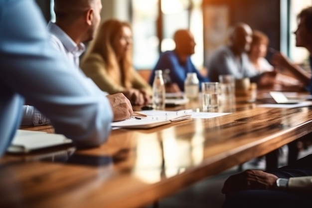 Photo business people having casual discussion during meeting on blurred background