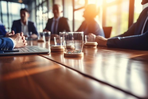 Business people having casual discussion during meeting on blurred background