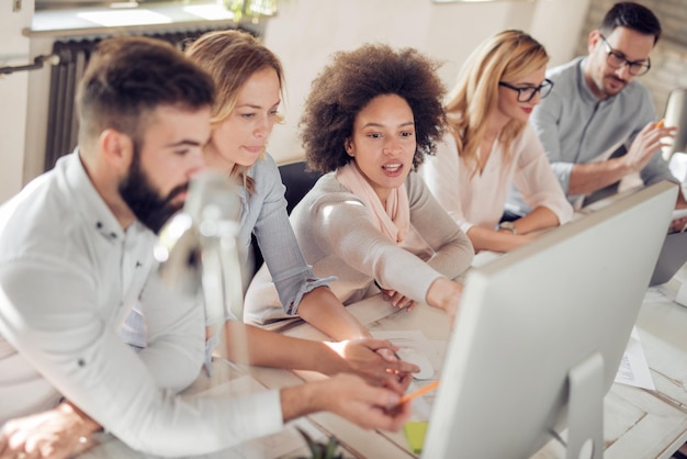 Photo business people having meeting in modern office