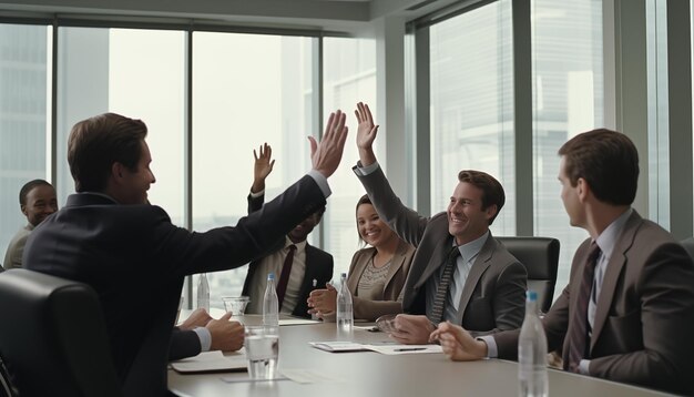 Business people high five during a meeting