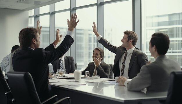 Business people high five during a meeting