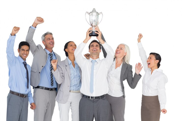 Photo business people holding cup and cheering 
