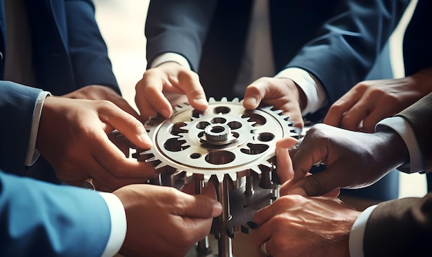 Photo business people holding gears and teamwork concept business team connect pieces of gears teamwork