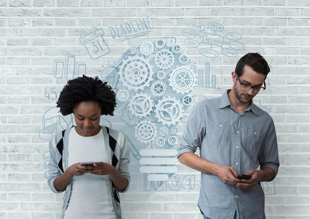 Photo business people holding phones against white wall with graphics