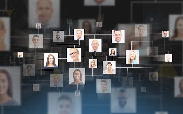 business, people, human resources, social network and technology concept - contacts icons over dark blue background