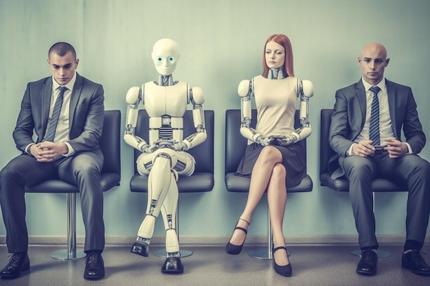 Business people and humanoid AI robot sitting and waiting for a job interview AI vs human