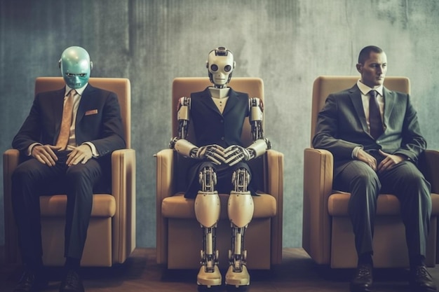 Деловые люди и гуманоидный ИИ-робот сидят и ждут собеседования ИИ против человека