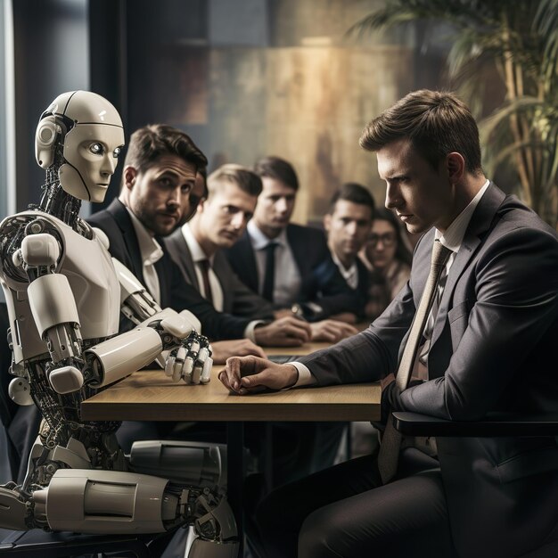 Business people and humanoid AI robot sitting and waiting for a job interview AI vs human