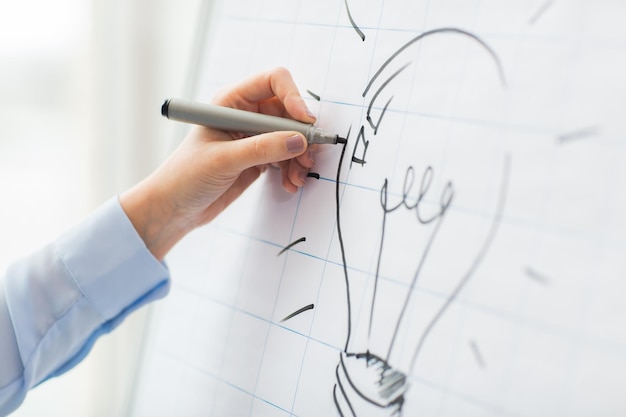 비즈니스, 사람, 아이디어, 시작 및 교육 개념 - 마커가 사무실 플립 차트에 전구를 그리는 손 가까이