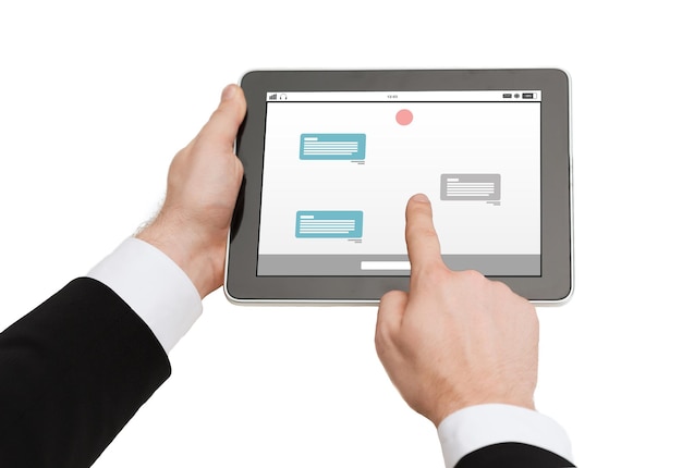 business, people, internet, online communication and technology concept - close up of man hands holding tablet pc computer with messenger on screen