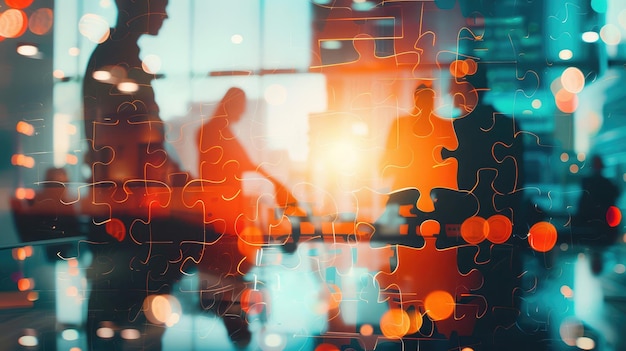 Photo business people join puzzle pieces in office concept of teamwork and partnership double exposure with light effects