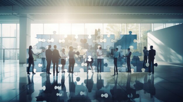 Business people join puzzle pieces in office Concept of teamwork with Generative AI Technology