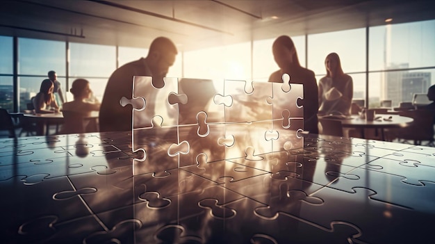 Business people join puzzle pieces in office Concept of teamwork with Generative AI Technology