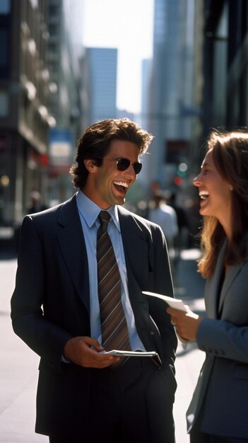 Фото Бизнесмены смеются на углу улицы солнечного города