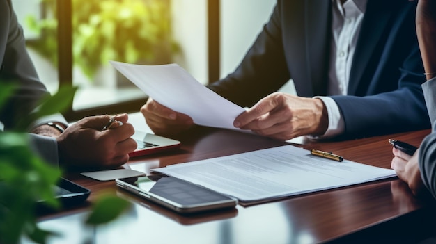 Business people lawyer attorney showing document to man client providing advisory services professionals discussing tax papers working in office at meeting