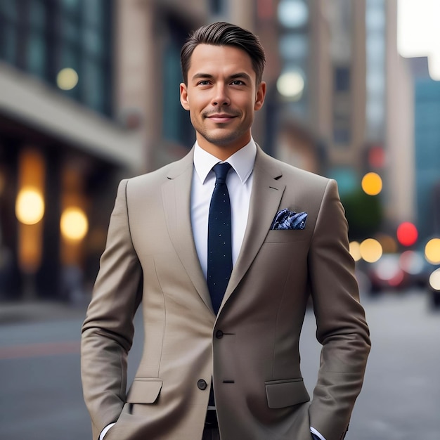 Photo business people and lifestyle concept smiling businessman in suit on city street