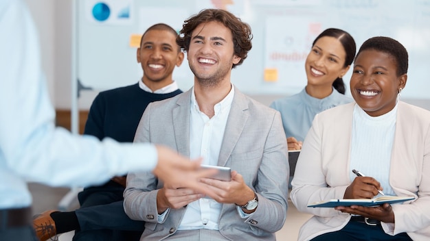 Photo business people listening and smile for workshop training in marketing sales and corporate strategy at the office diverse employee team in conference coaching and smiling for learning at workplace