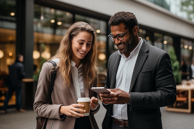 Business people man and woman having coffee talking and looking at tablet