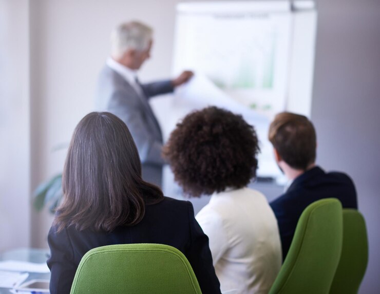 Photo business people manager or presentation with listening finance or accountant with company stats broker seminar or feedback for monthly budget graphs or speaker with review for profit and meeting