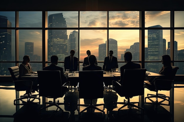 Business People Meeting Discussion Cityscape Teamwork Concept 3D Rendering Modern business conference in a boardroom full rear View No visible faces AI Generated