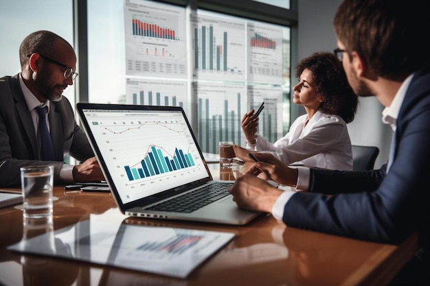 Business people in a meeting with a laptop and charts on the screen.