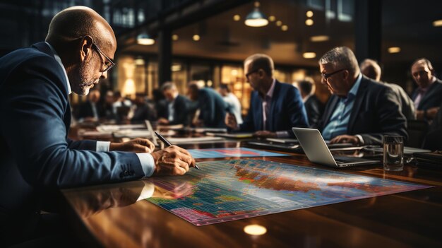 Business people planning strategy on financial papers and colorful note on table