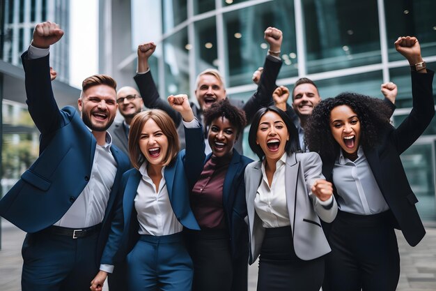 Photo business people raising fist celebrating successful outside a financial building