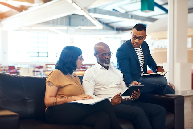 business people relax and sofa with discussion in office with ceo for monthly meeting project updates or conversation boss graphic designer team and communication for creative brief and feedback