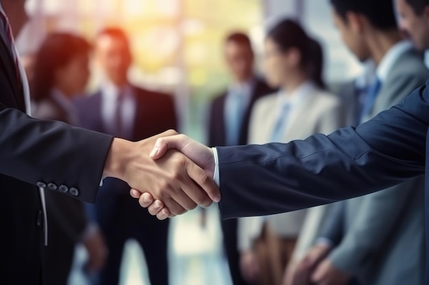 business people shake hands while background of people on the background