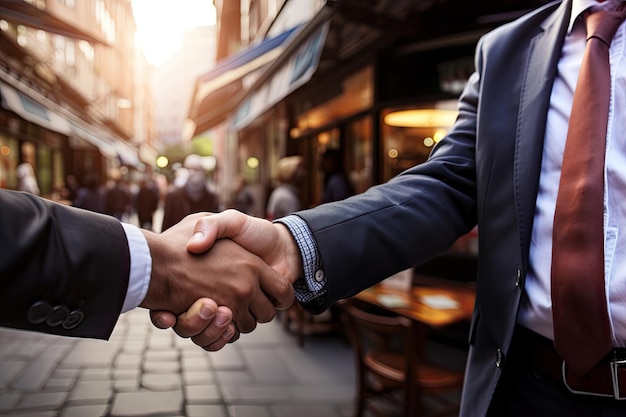 business people shaking hands on the background of the city